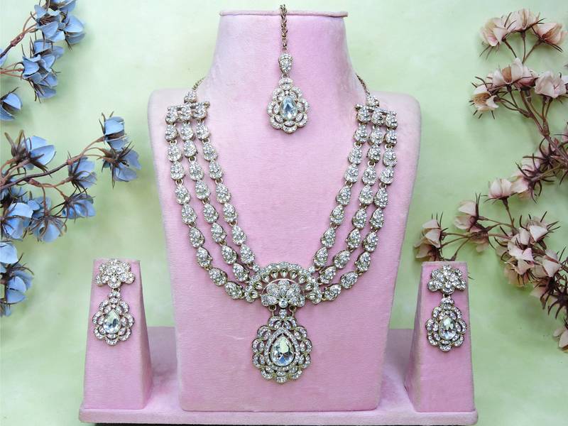 White yellow gold premium designer american diamond and stone work necklace set