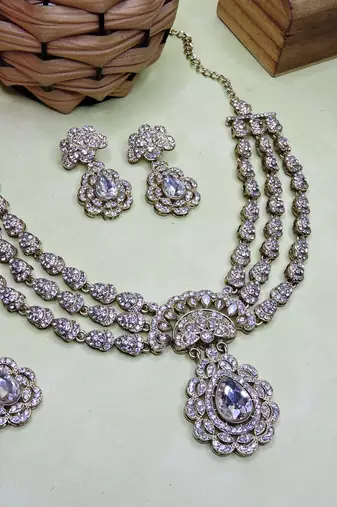 White yellow gold premium designer american diamond and stone work necklace set