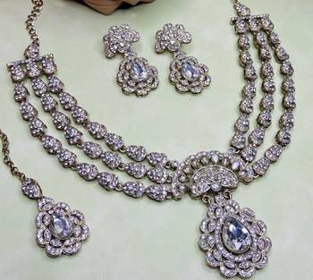 White yellow gold premium designer american diamond and stone work necklace set 3