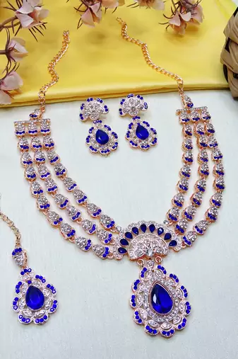 Blue rose gold premium designer american diamond and stone work necklace set