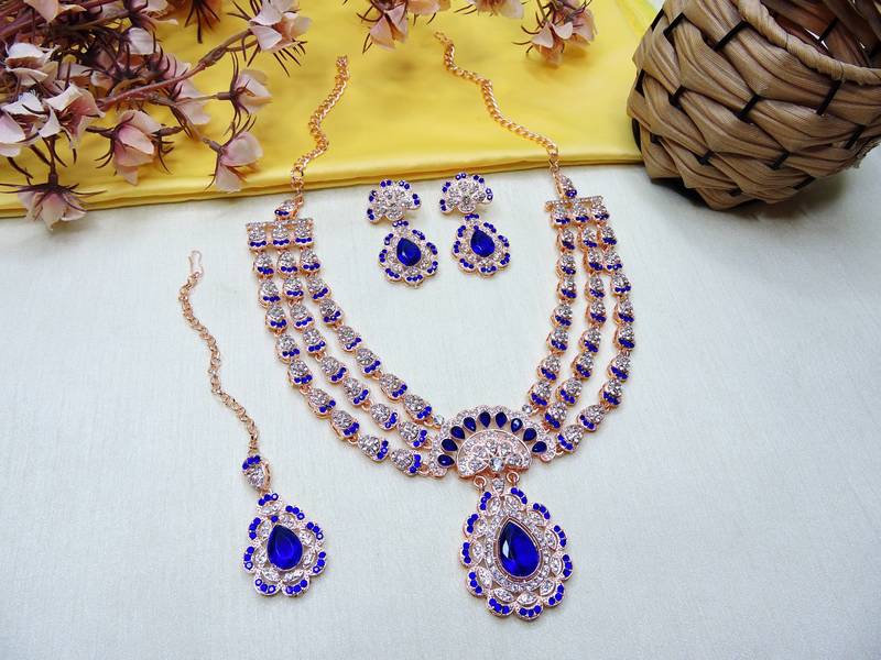 Blue rose gold premium designer american diamond and stone work necklace set