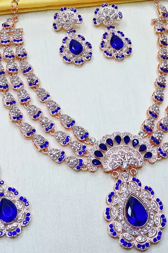 Blue rose gold premium designer american diamond and stone work necklace set