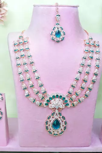 Green rose gold premium designer american diamond and stone work necklace set