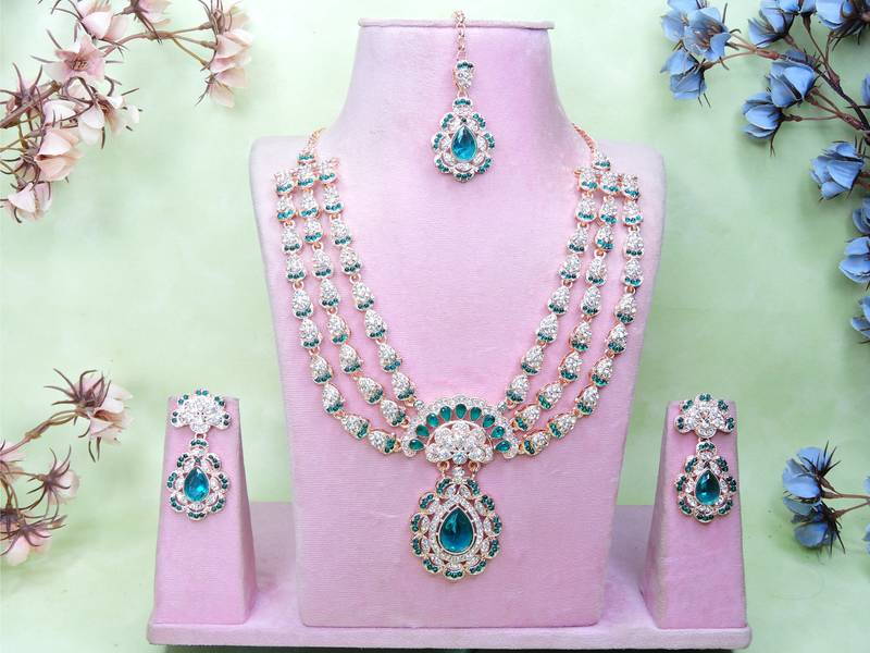 Green rose gold premium designer american diamond and stone work necklace set