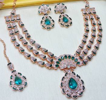 Green rose gold premium designer american diamond and stone work necklace set 2