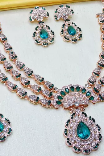 Green rose gold premium designer american diamond and stone work necklace set