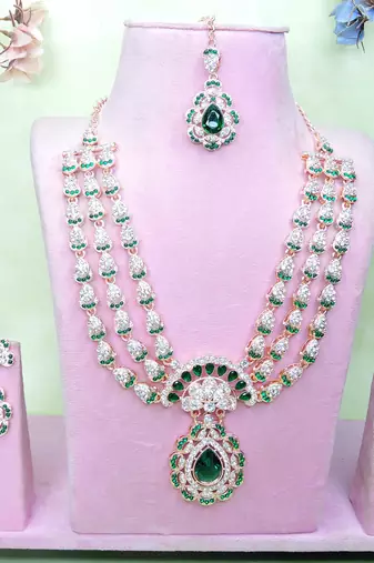 Green rose gold premium designer american diamond and stone work necklace set
