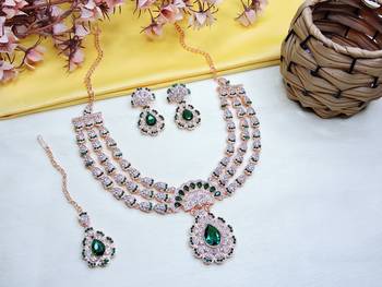 Green rose gold premium designer american diamond and stone work necklace set 2