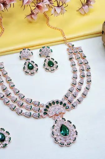Green rose gold premium designer american diamond and stone work necklace set