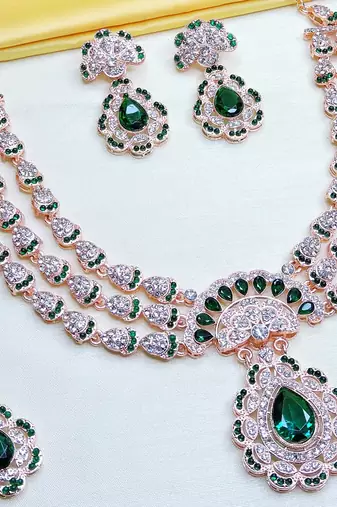 Green rose gold premium designer american diamond and stone work necklace set