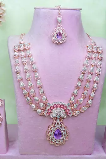 Purple rose gold premium designer american diamond and stone work necklace set