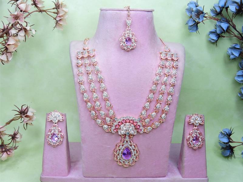 Purple rose gold premium designer american diamond and stone work necklace set