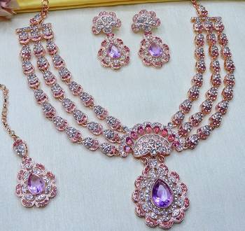 Purple rose gold premium designer american diamond and stone work necklace set 2