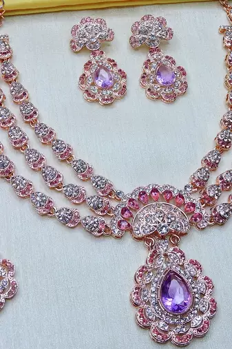Purple rose gold premium designer american diamond and stone work necklace set