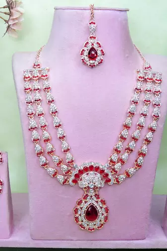 Maroon rose gold premium designer american diamond and stone work necklace set