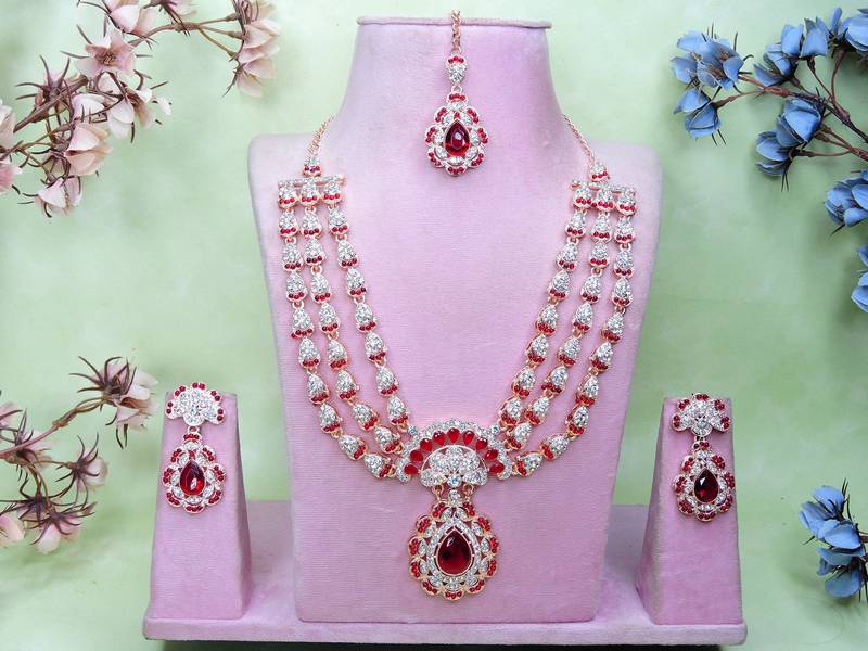 Maroon rose gold premium designer american diamond and stone work necklace set
