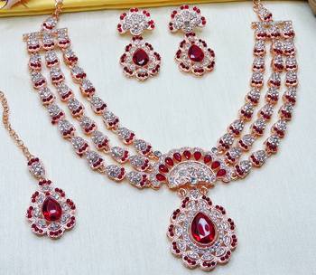 Maroon rose gold premium designer american diamond and stone work necklace set 2