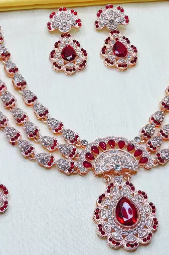 Maroon rose gold premium designer american diamond and stone work necklace set