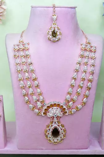 Green rose gold premium designer american diamond and stone work necklace set