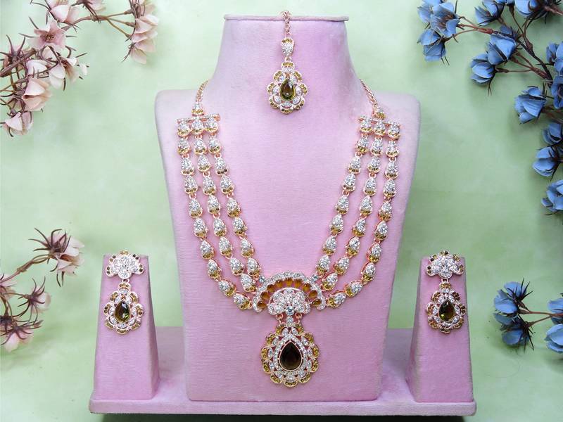 Green rose gold premium designer american diamond and stone work necklace set