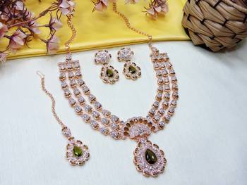 Green rose gold premium designer american diamond and stone work necklace set 2