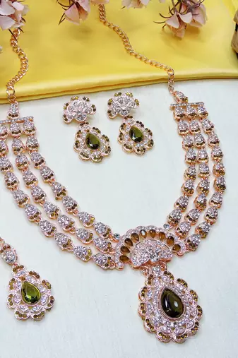 Green rose gold premium designer american diamond and stone work necklace set