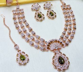 Green rose gold premium designer american diamond and stone work necklace set 3