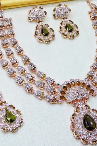 Green rose gold premium designer american diamond and stone work necklace set