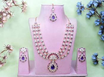 Blue rose gold premium designer american diamond and stone work necklace set 1