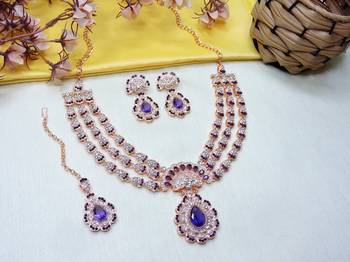 Blue rose gold premium designer american diamond and stone work necklace set 2