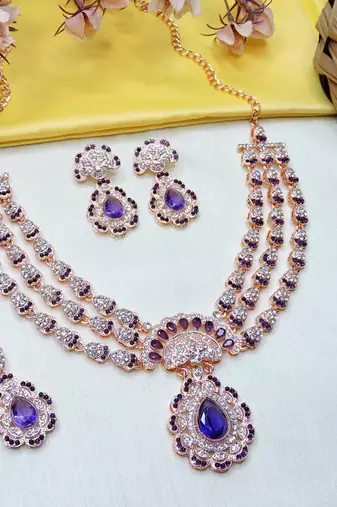 Blue rose gold premium designer american diamond and stone work necklace set