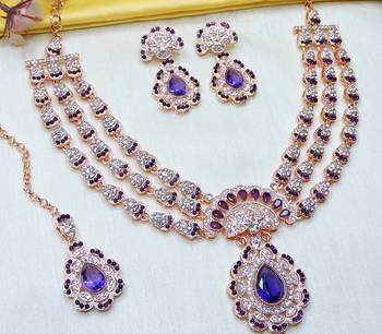 Blue rose gold premium designer american diamond and stone work necklace set 3