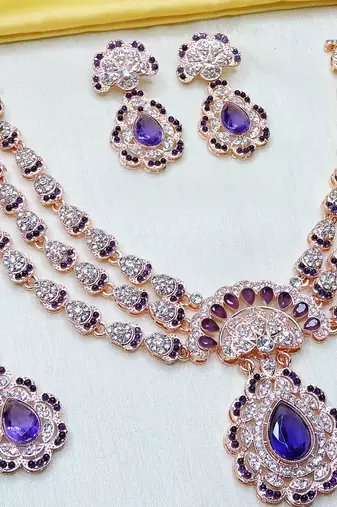 Blue rose gold premium designer american diamond and stone work necklace set