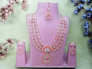 Pink rose gold premium designer american diamond and stone work necklace set 1