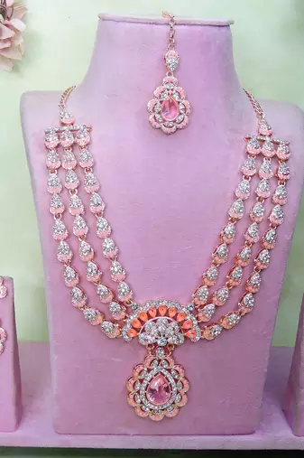 Pink rose gold premium designer american diamond and stone work necklace set