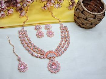 Pink rose gold premium designer american diamond and stone work necklace set 2