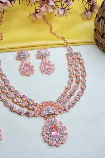 Pink rose gold premium designer american diamond and stone work necklace set