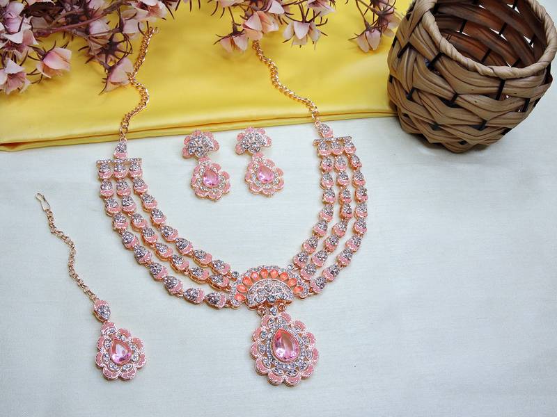 Pink rose gold premium designer american diamond and stone work necklace set