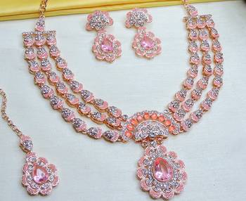 Pink rose gold premium designer american diamond and stone work necklace set 3