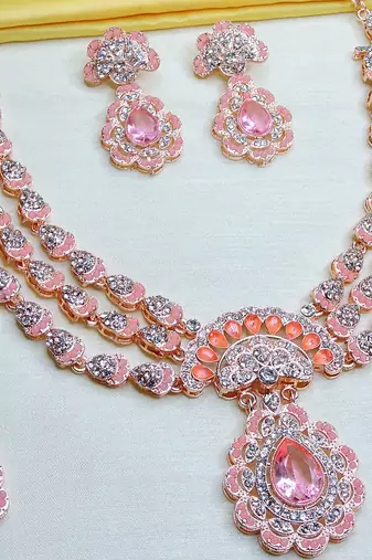 Pink rose gold premium designer american diamond and stone work necklace set
