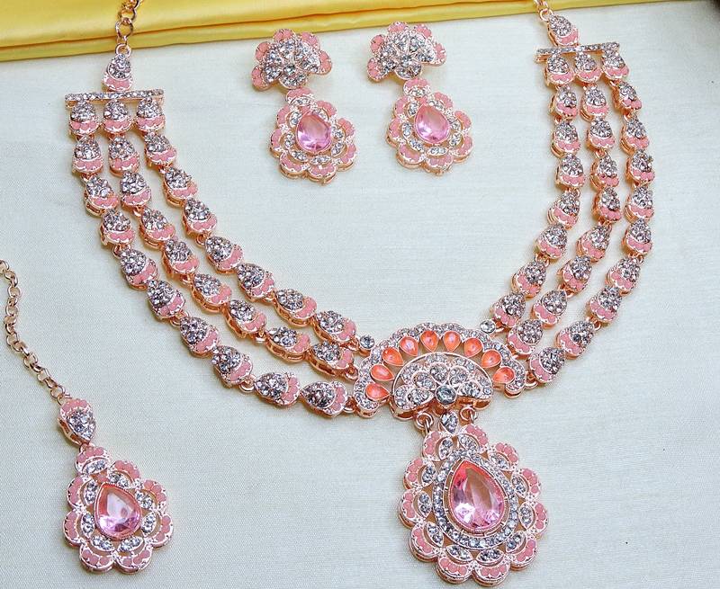 Pink rose gold premium designer american diamond and stone work necklace set