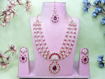 Purple rose gold premium designer american diamond and stone work necklace set 1