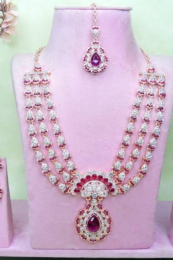 Purple rose gold premium designer american diamond and stone work necklace set