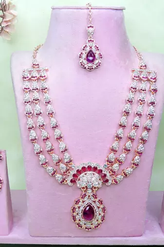 Purple rose gold premium designer american diamond and stone work necklace set