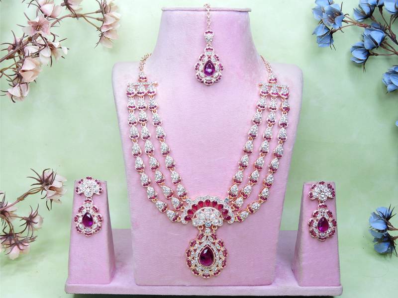 Purple rose gold premium designer american diamond and stone work necklace set
