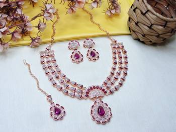 Purple rose gold premium designer american diamond and stone work necklace set 2