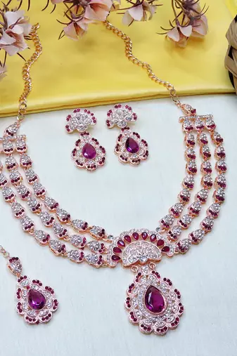 Purple rose gold premium designer american diamond and stone work necklace set