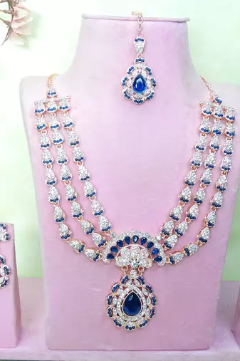 Blue rose gold premium designer american diamond and stone work necklace set