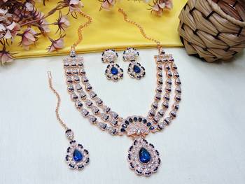 Blue rose gold premium designer american diamond and stone work necklace set 2