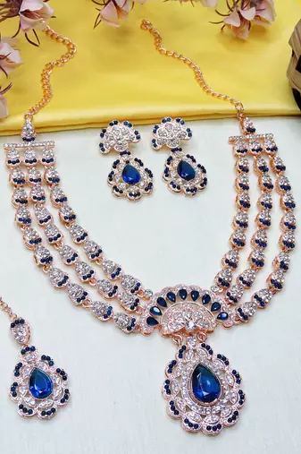 Blue rose gold premium designer american diamond and stone work necklace set